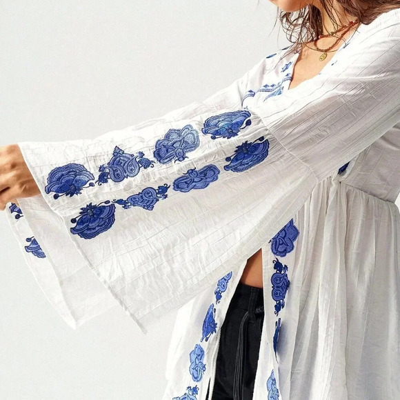 Multicolor Boho Women's Color-Block Embroidered Vacation Casual Shirt - Picture 4 of 8